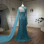 Custom Blue Mermaid Evening Dress Pearl Beaded Formal Gown With Gloves