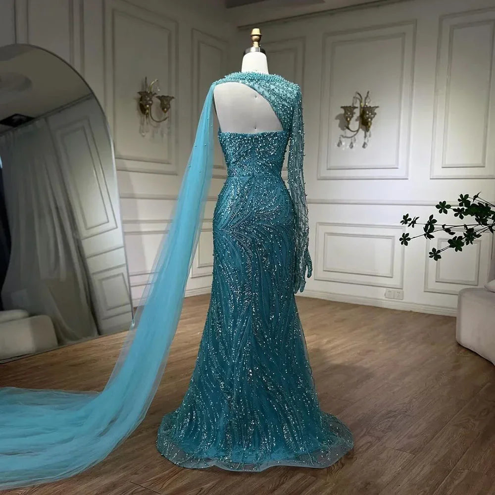 Custom Blue Mermaid Evening Dress Pearl Beaded Formal Gown With Gloves
