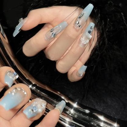 10 uñas postizas en degradado azul, hechas a mano, estilo francés, con cadena de destellos, decoración de diamantes de imitación, uñas postizas usables. 