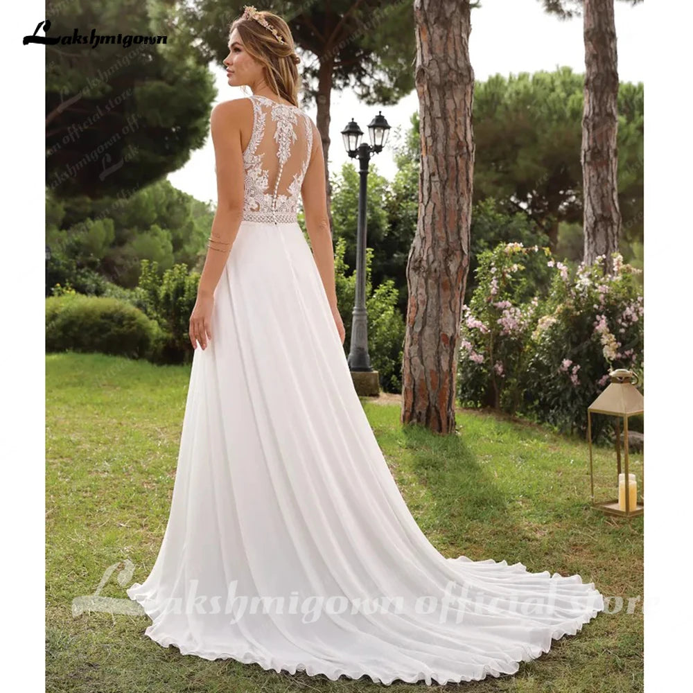 Boho Beach Lace Chiffon Wedding Dress For Bride A Line Sweep Train Custom