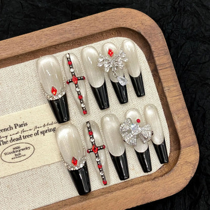 10 uñas postizas para usar, hechas a mano, con forma de ojo de gato, negras, estilo francés, brillantes, con diamantes de imitación, para chica picante. 