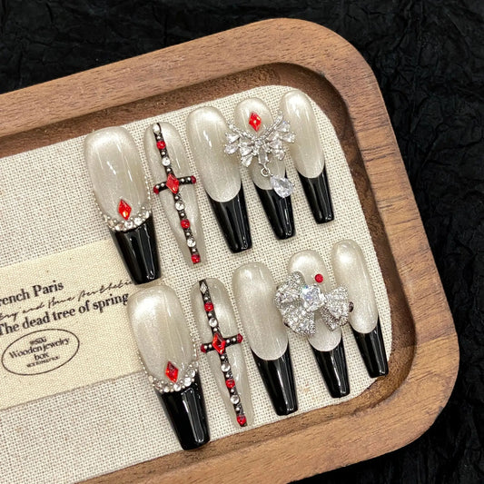 10 uñas postizas para usar, hechas a mano, con forma de ojo de gato, negras, estilo francés, brillantes, con diamantes de imitación, para chica picante. 