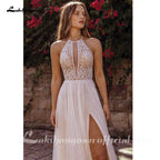 Halter Neck Lace Chiffon Boho Split Side Backless Wedding Dress