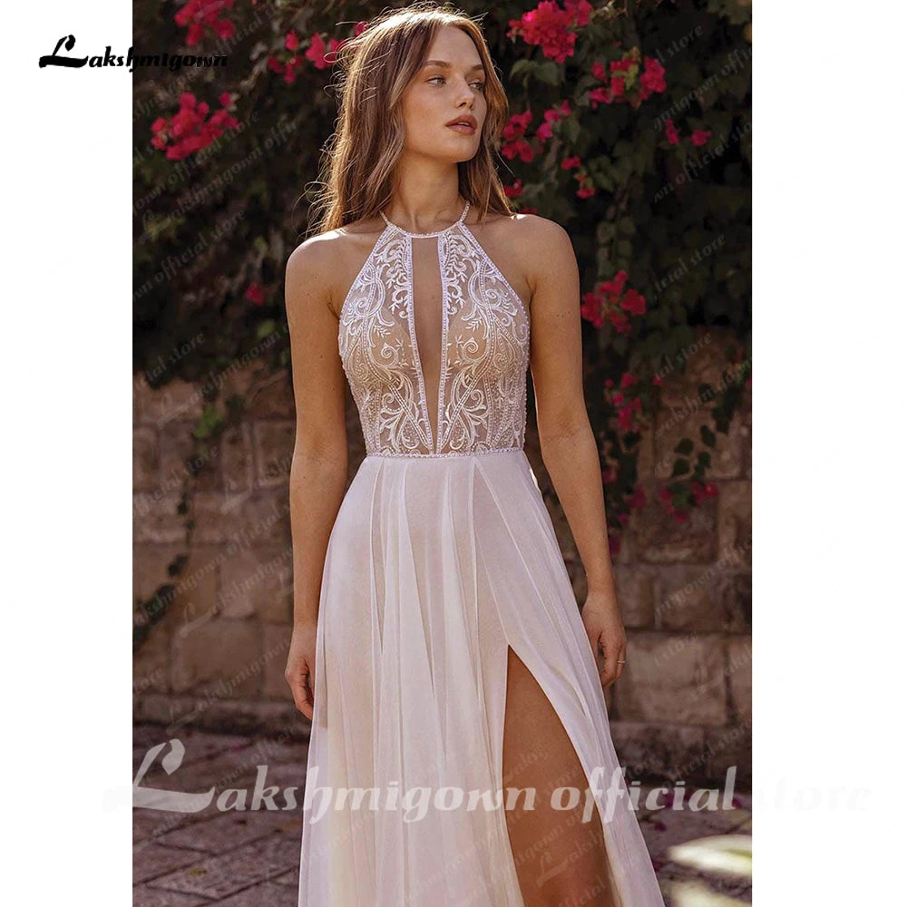 Halter Neck Lace Chiffon Boho Split Side Backless Wedding Dress