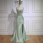 Luxury Mint Green Satin Beaded Prom Dress with Slit LA72995