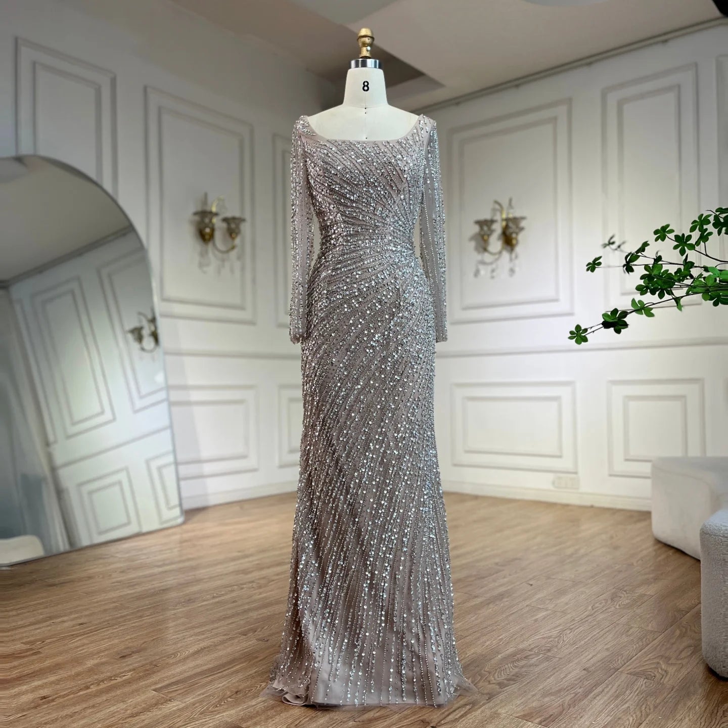 Custom Silver Beaded Mermaid Evening Dress Detachable Skirt Formal Gown Women
