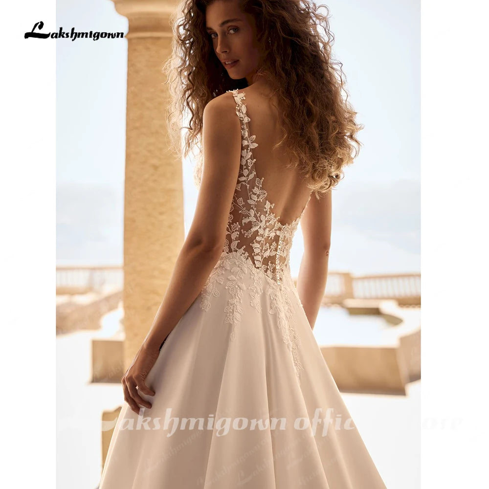 Lakshmigown V Neck Chiffon Beach Wedding Dress Lace A Line Bridal Gown