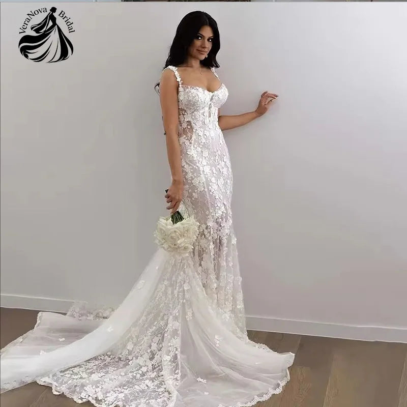 Custom Mermaid Wedding Dress With Lace And Floral Boho Beach Style