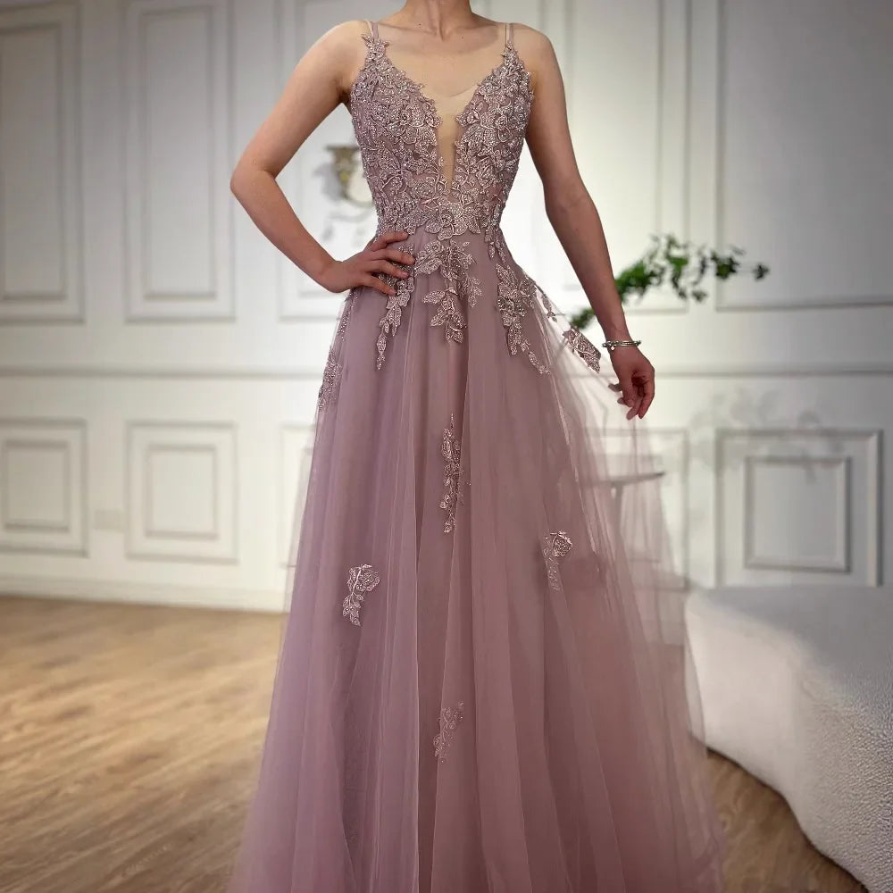 Luxury Sage Green Lace A-Line Prom Dress with Spaghetti Straps LA73005