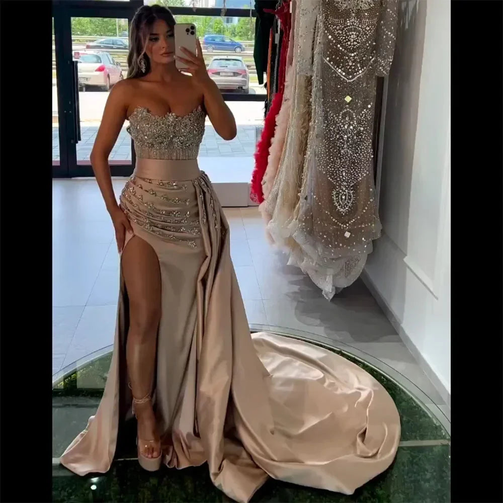 Customized Nude Strapless Mermaid Evening Dress With Beaded High Split Gown