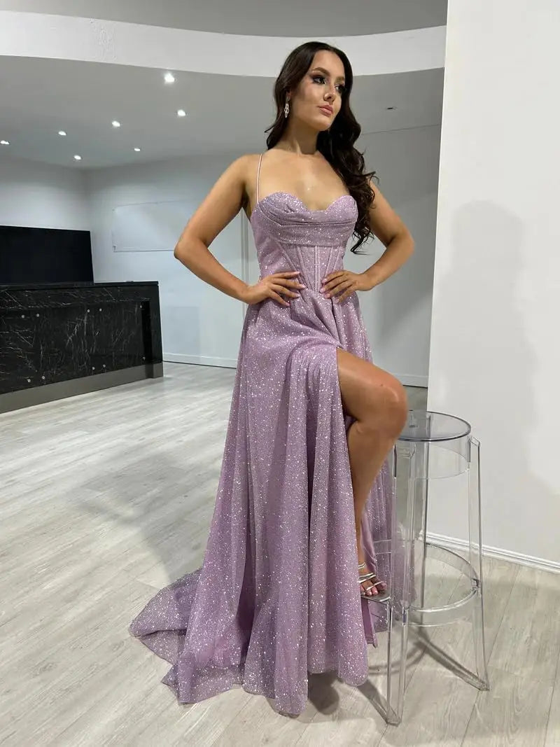 Vestidos de fiesta largos formales de tul con brillo para mujer, tirantes finos, escote drapeado y abertura, vestido de noche para evento