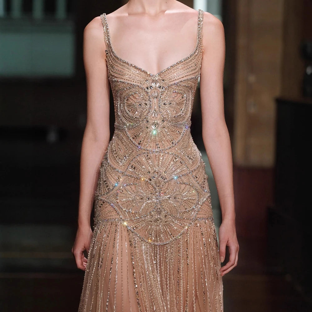 Serene Hill Custom Nude A Line Beaded Luxury Evening Party Gown 2026
