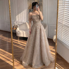 Serene Hill Caramel Beaded Off Shoulder A Line Evening Gown For Prom