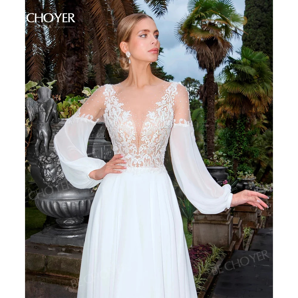 Long Sleeve A Line Wedding Dress With Beaded Appliques Plus Size Gown