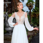 Long Sleeve A Line Wedding Dress With Beaded Appliques Plus Size Gown