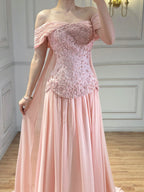 Pink Chiffon Evening Dress Off Shoulder Cape Back Formal Party Gown 2026