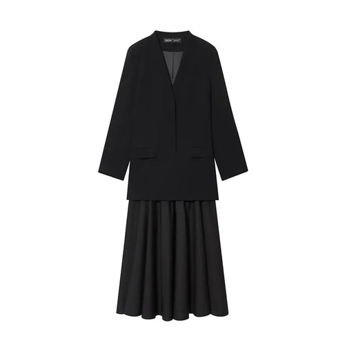 Vestido nuevo para mujer 2025, moda, blazer combinado, vestido largo, manga larga, vestido elegante de oficina para mujer, vestido de primavera y otoño