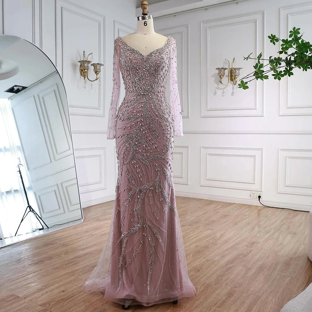 Customized Pink Mermaid Evening Dress Long Sleeve Beaded Gown