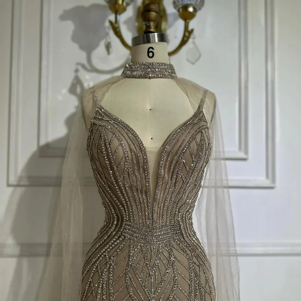 Caramel Mermaid Arabic Evening Dress With Beaded Cape Sleeves For Party