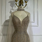 Caramel Mermaid Arabic Evening Dress With Beaded Cape Sleeves For Party