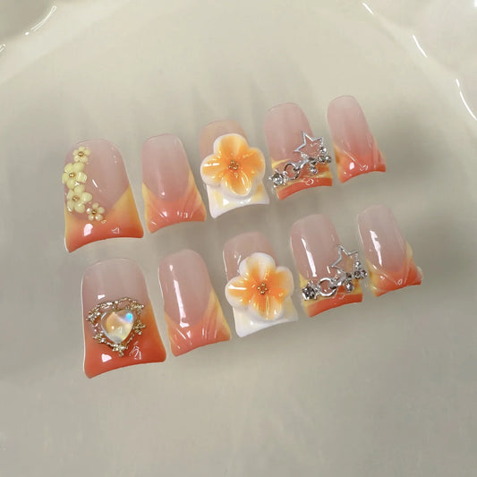 10 uñas postizas hechas a mano con degradado Vitality Orange, estilo francés, Y2k, estrellas, tallado 3D, decoración de flores, uñas postizas de verano 