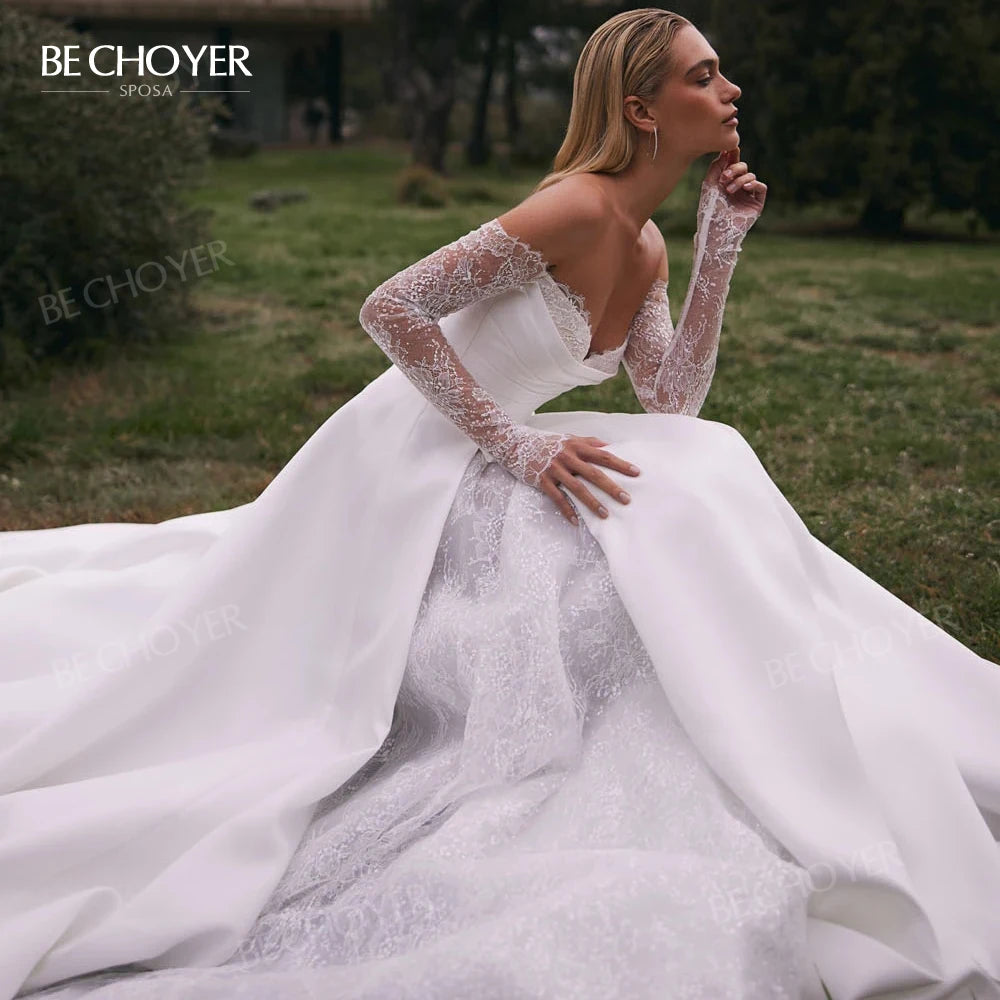 Customized Off The Shoulder A Line Wedding Dress Long Sleeve Appliques Gown