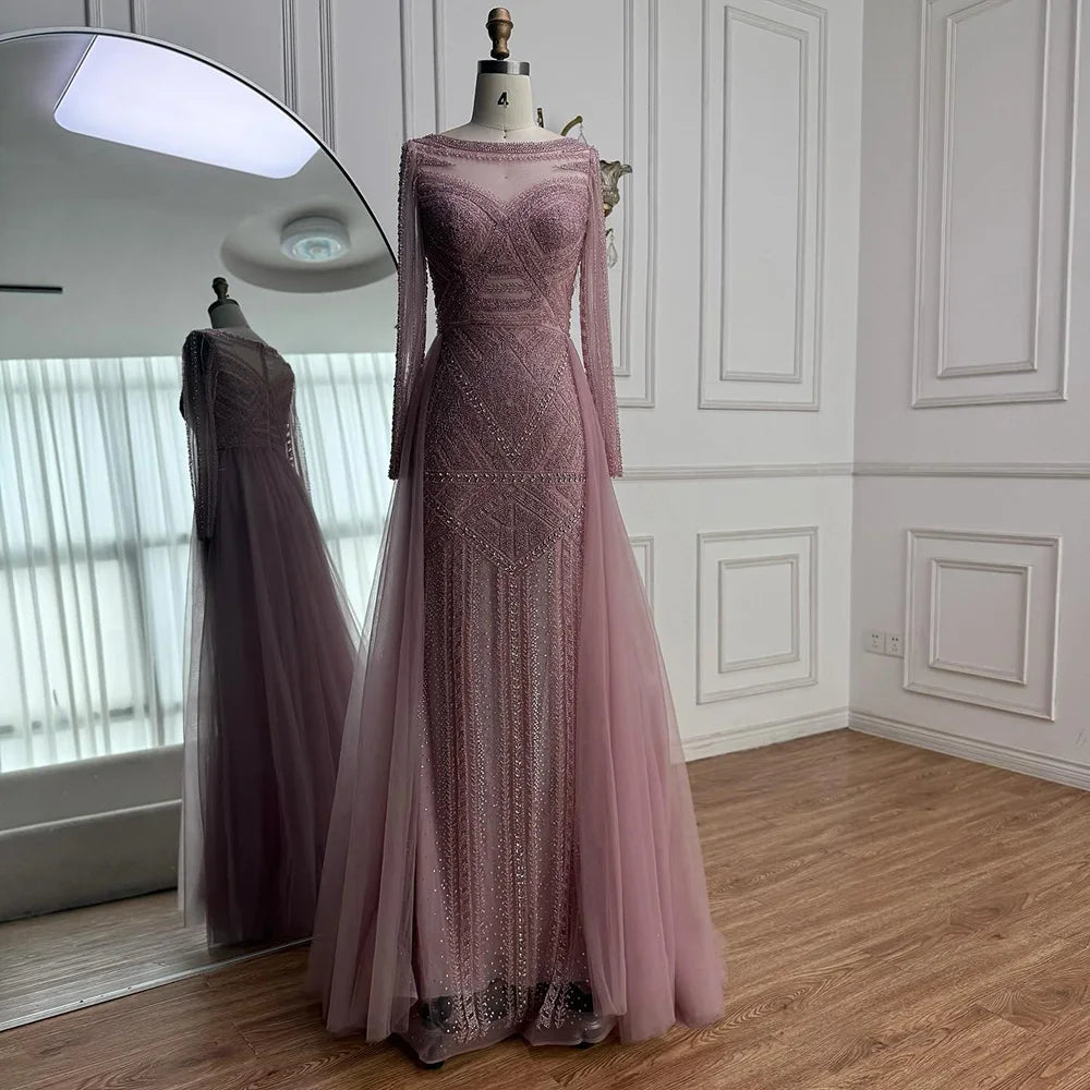 Pink Long Sleeve Mermaid Beaded Customized Evening Dress For Women