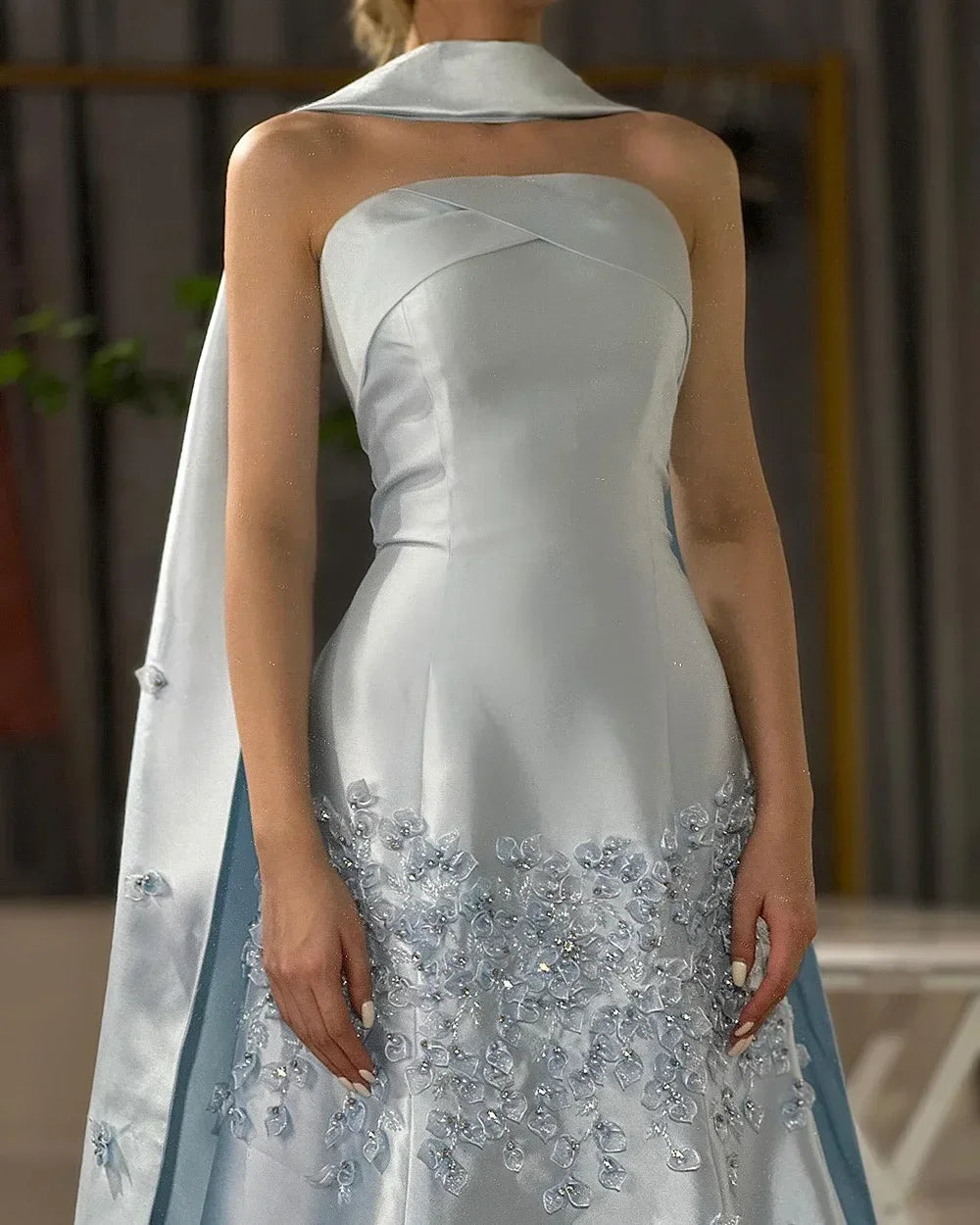 Customized Baby Blue Satin Mermaid Evening Dress Applique Gown For Women