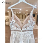 Custom Boho Lace Beach Wedding Dress V Neck Open Back Spaghetti Straps Gown