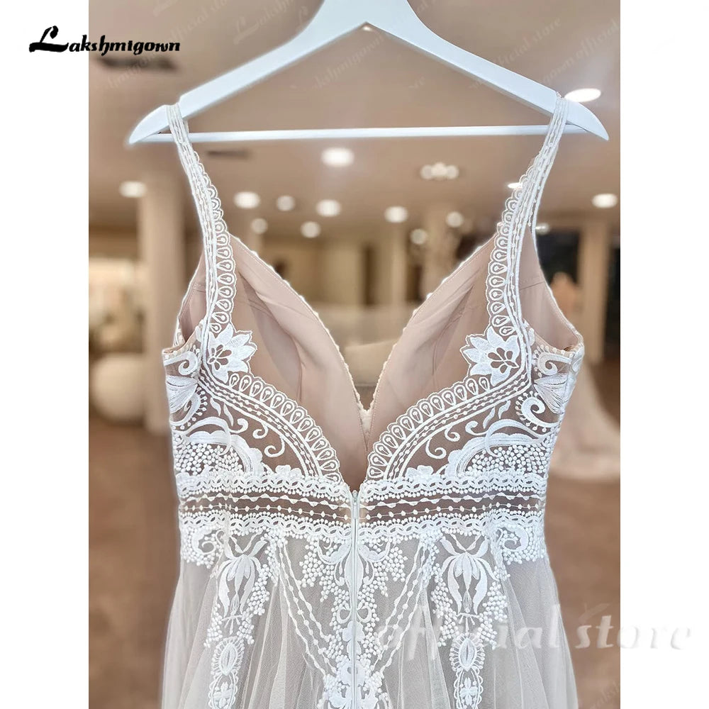 Custom Boho Lace Beach Wedding Dress V Neck Open Back Spaghetti Straps Gown