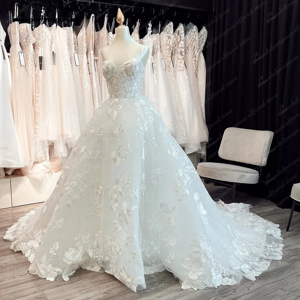 Luxury Champagne Lace Spaghetti Straps Wedding Dress For Bride