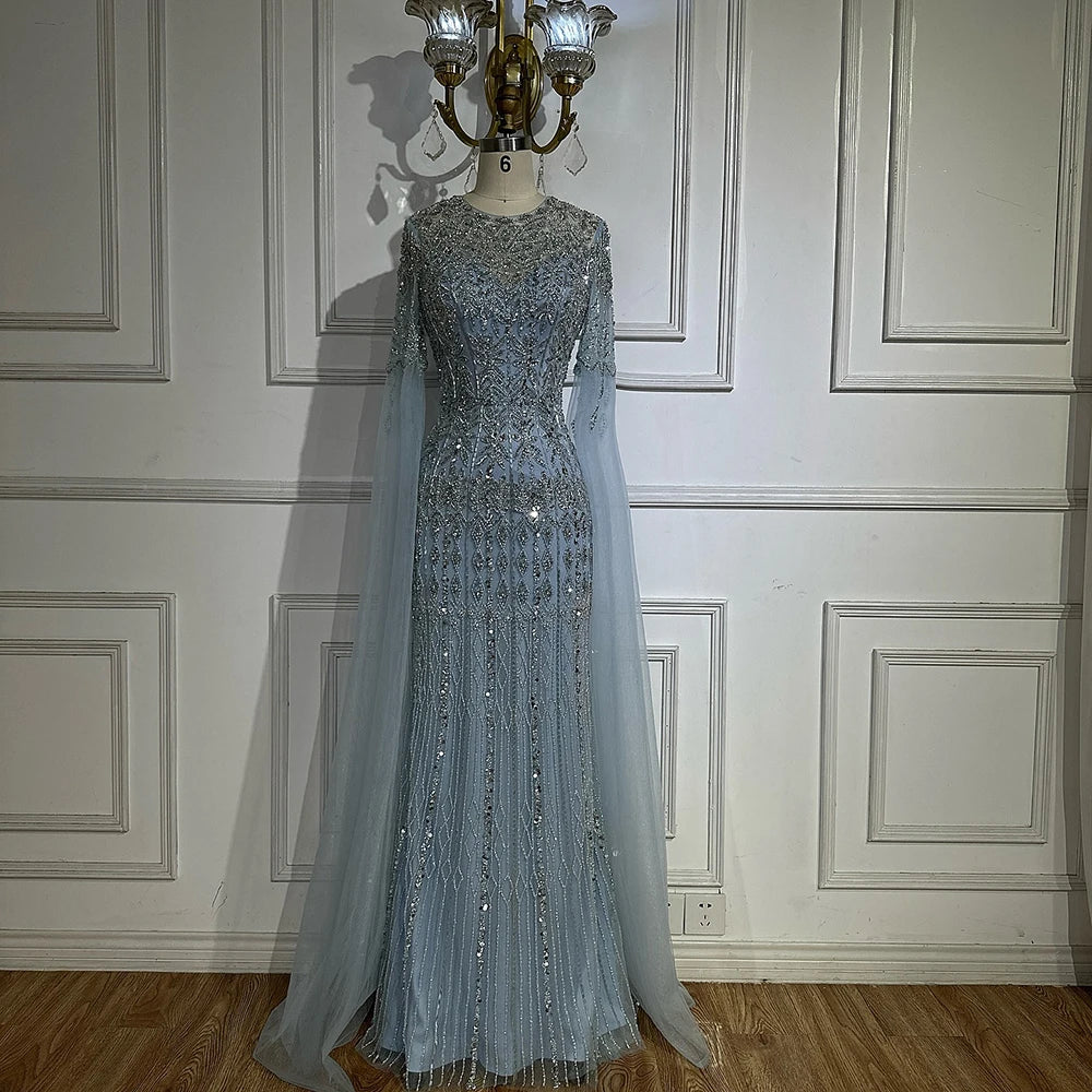Custom Caramel Mermaid Beaded Evening Gown With Cape Sleeve For Women