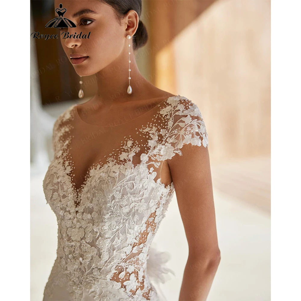 Royce Bridal Mermaid Lace Wedding Dress Cap Sleeve Low Back 3D Floral