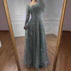 Turquoise Beaded A Line Evening Dress With Long Sleeves For Women Custom