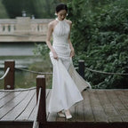 Luxury Simple White Satin Small Tail Bride Wedding Dress Sexy Halter Backless Ball Gown Wedding Evening Prom Dresses for Women