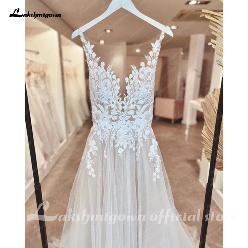 Lakshmigown Custom Illusion Backless Sleeveless Appliques Wedding Dress Bride
