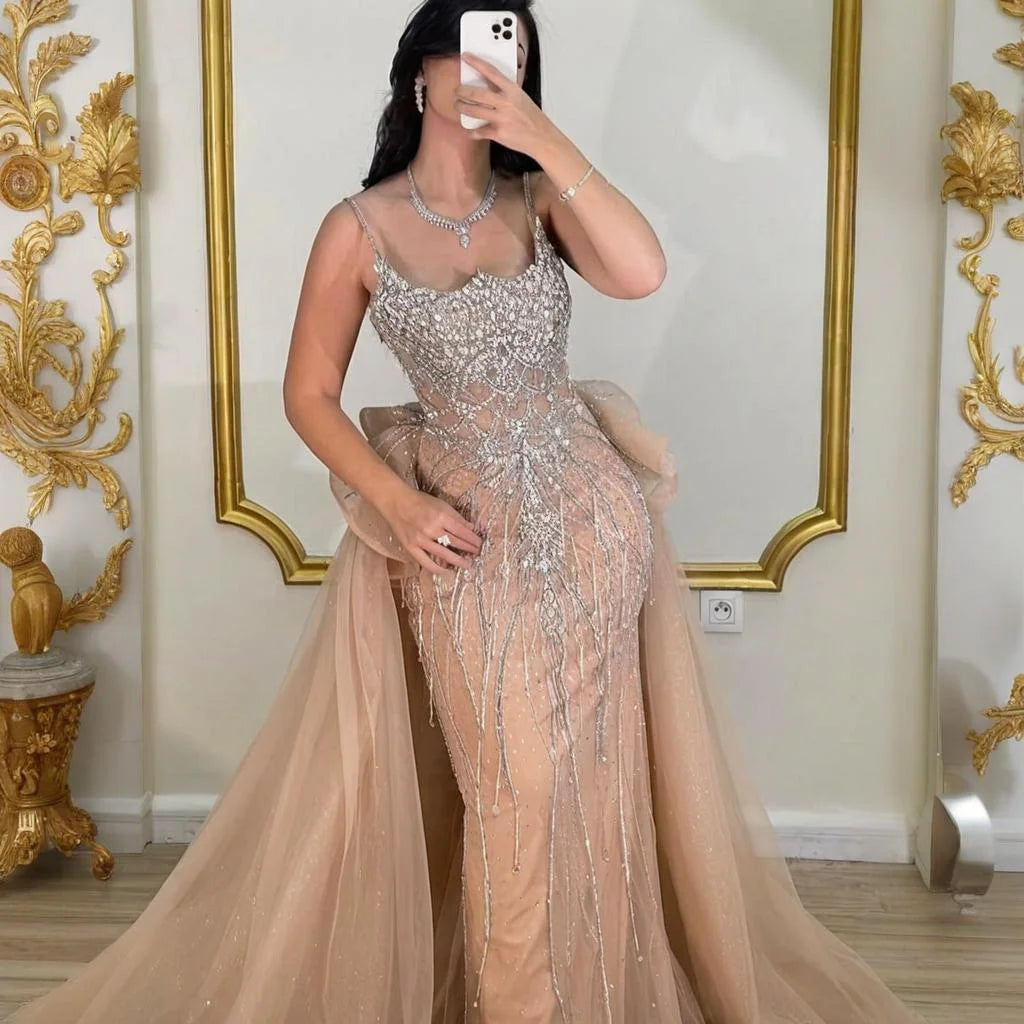 Pink Mermaid Evening Gown For Women With Beaded Spaghetti Strap And Overskirt