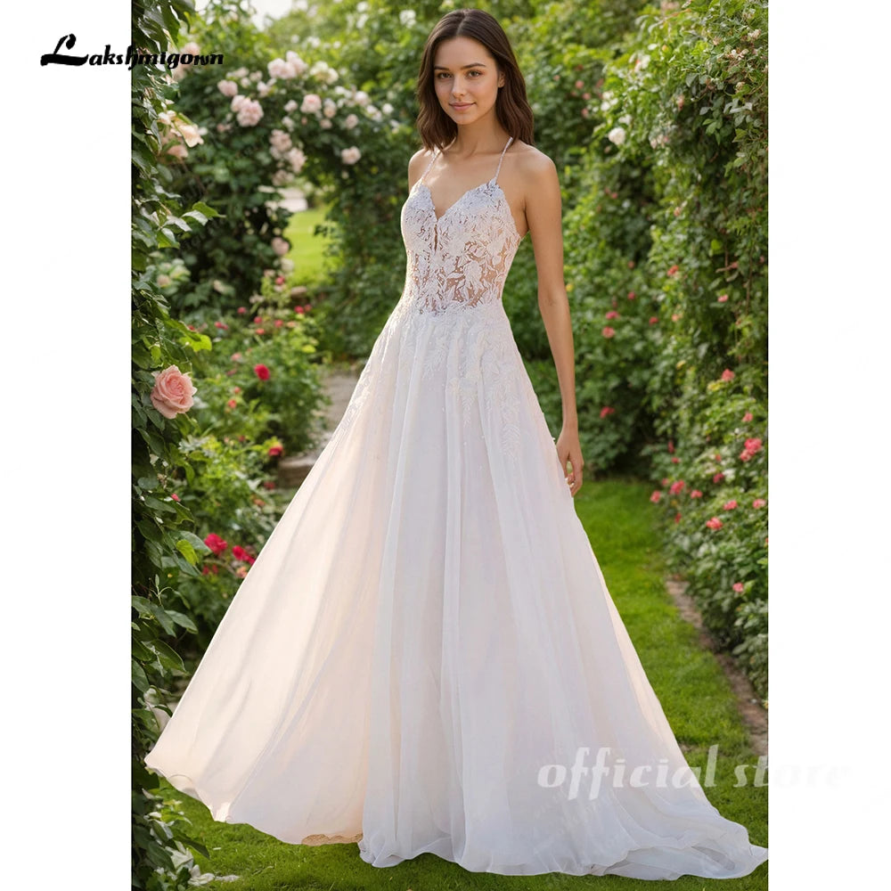 Custom Boho Wedding Dress Spaghetti Straps Lace Applique Tulle Bridal Gown