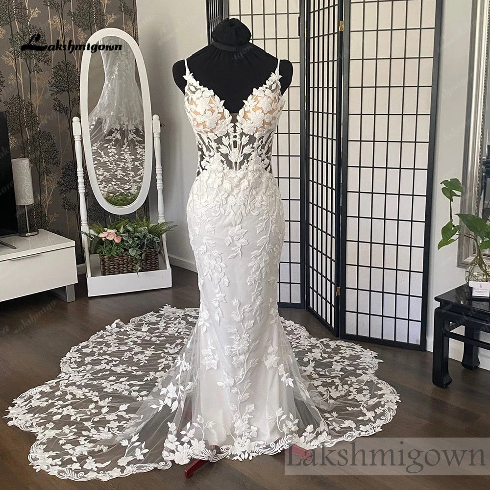 Custom Lace Mermaid Wedding Dress With Deep V Neck And Train