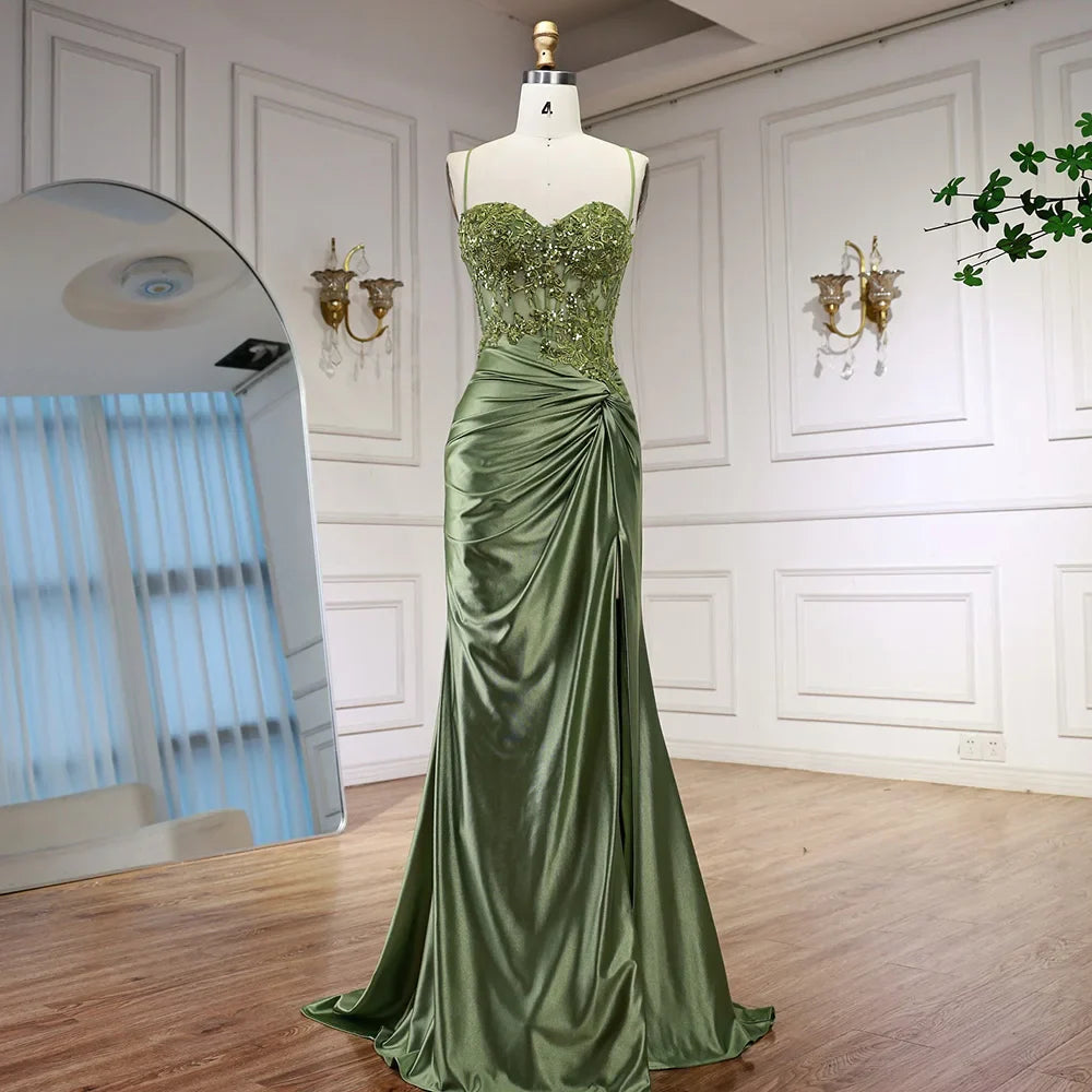 Luxury Sage Green Satin Prom Dress with Slit LA73032