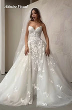 Mermaid Lace Wedding Dress Sweetheart Sleeveless Detachable Train