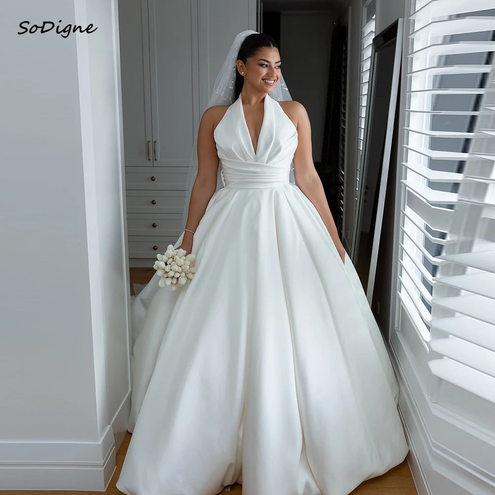 Custom Satin A Line Wedding Dress Sleeveless Halter Bridal Gown Long