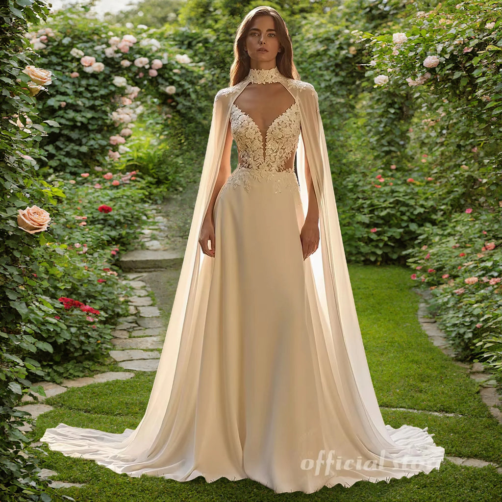 Lakshmigown Bohemian A Line Wedding Dress With Lace V Neck And Cape