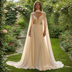 Lakshmigown Bohemian A Line Wedding Dress With Lace V Neck And Cape