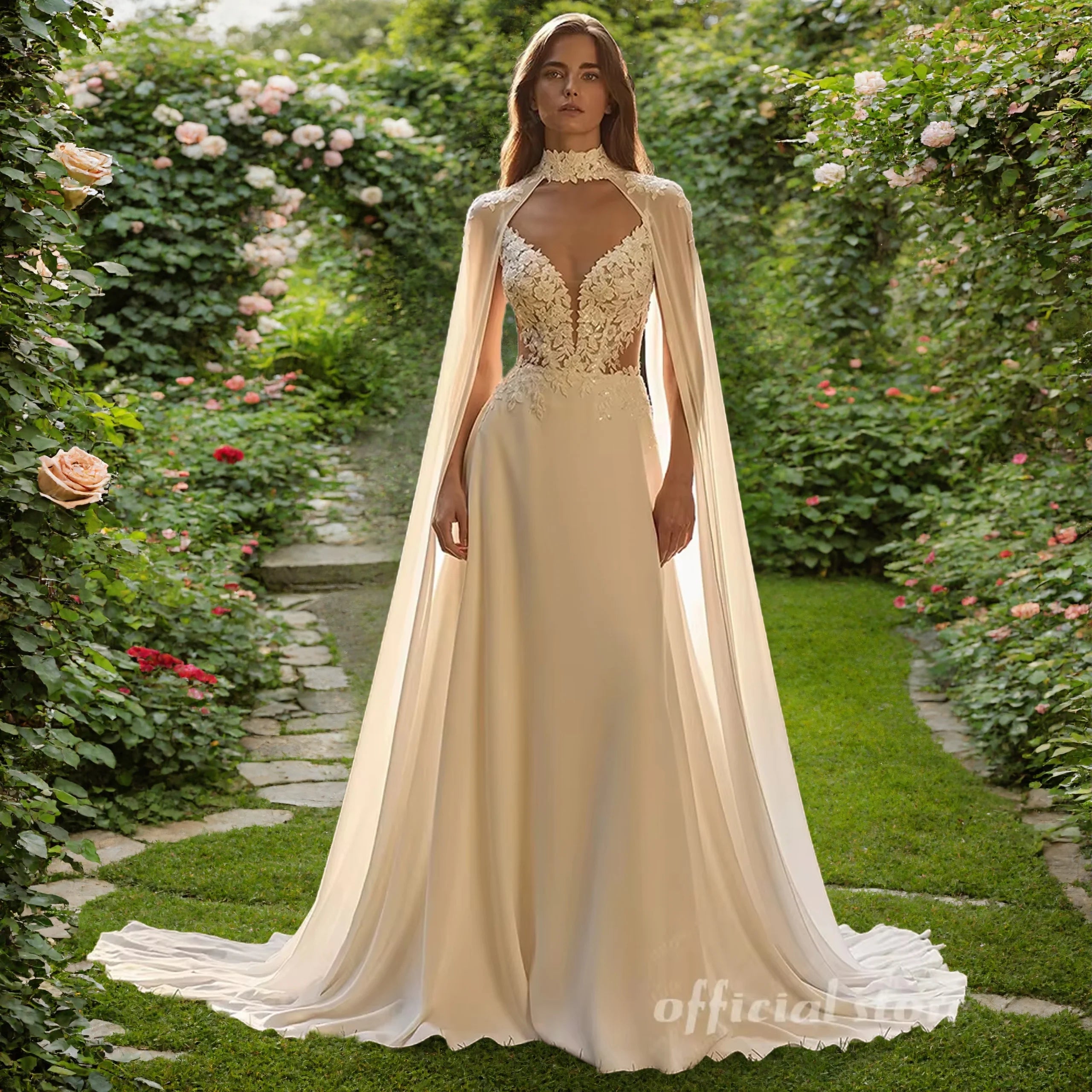 Lakshmigown Bohemian A Line Wedding Dress With Lace V Neck And Cape