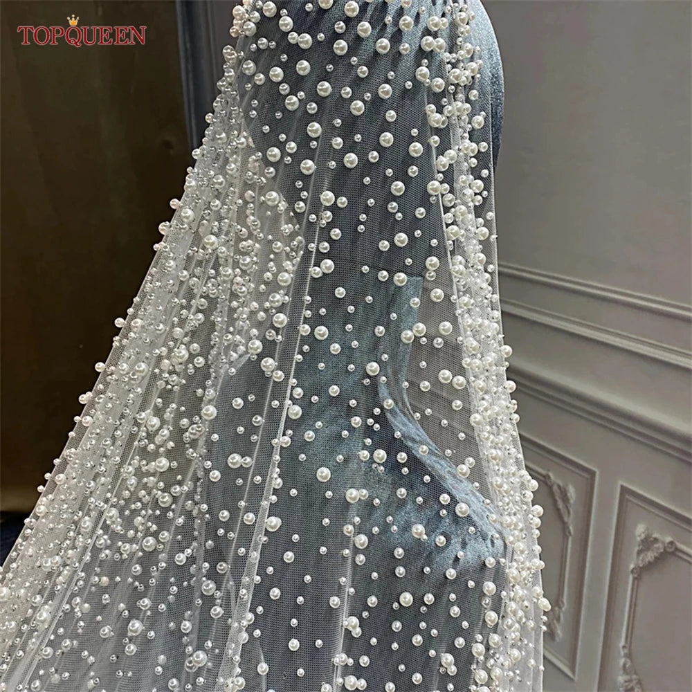 Luxury Pearl Embellished Cathedral Bridal Wedding Veil With Custom Length