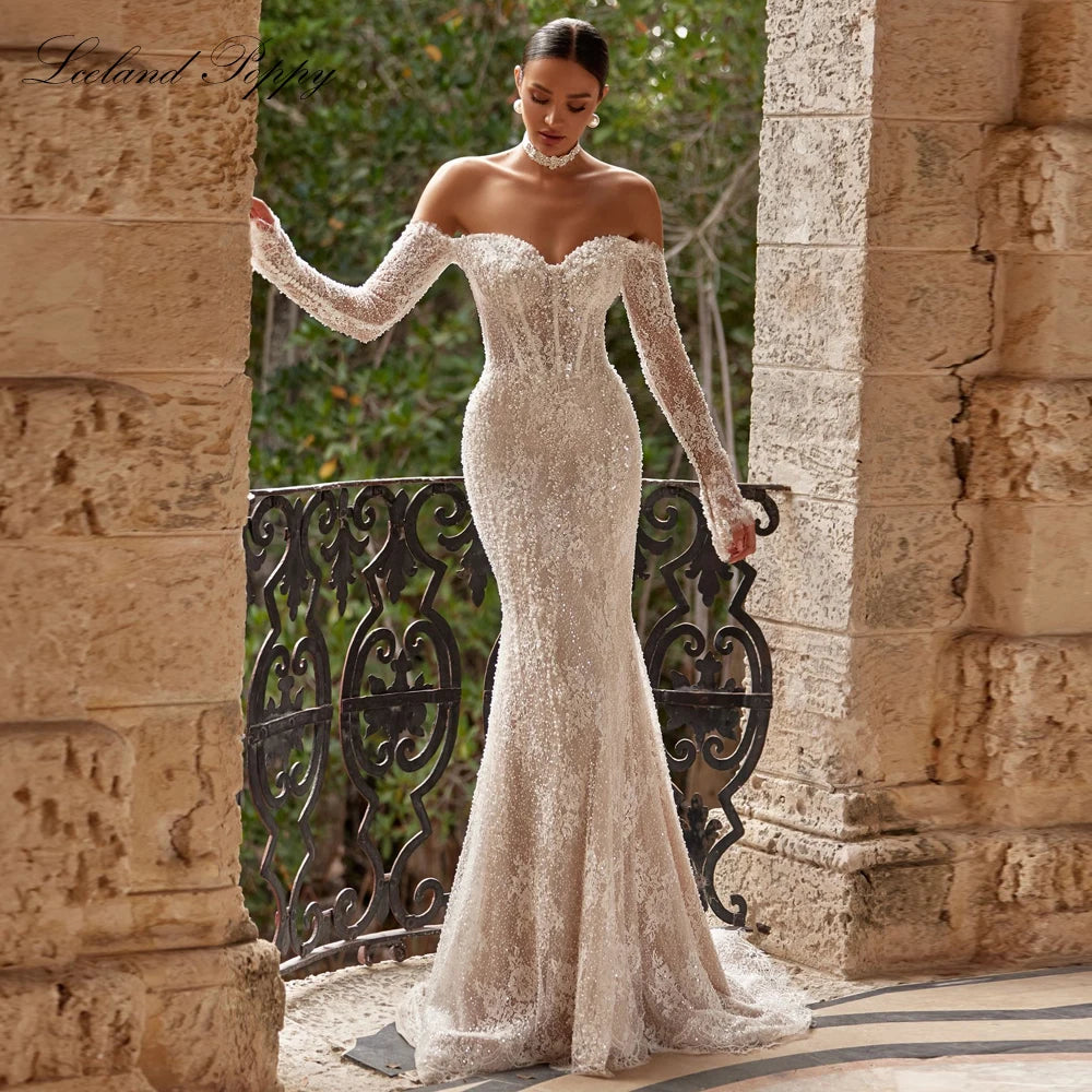 Custom Illusion Lace Mermaid Wedding Dress With Full Sleeves And Beaded Bodice