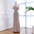 Luxury Nude Halter Feather Crystal Evening Dress LA73349