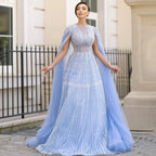 Custom Blue Muslim A Line Evening Dress With Beaded Cape Sleeves 2025
