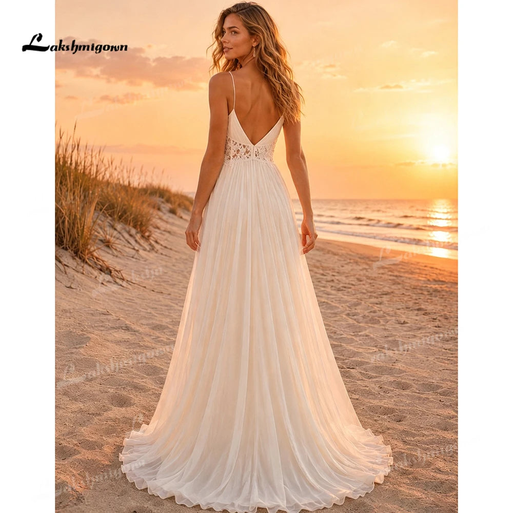 Elegant Deep V Spaghetti Strap Boho Wedding Dress A Line Bridal Gown